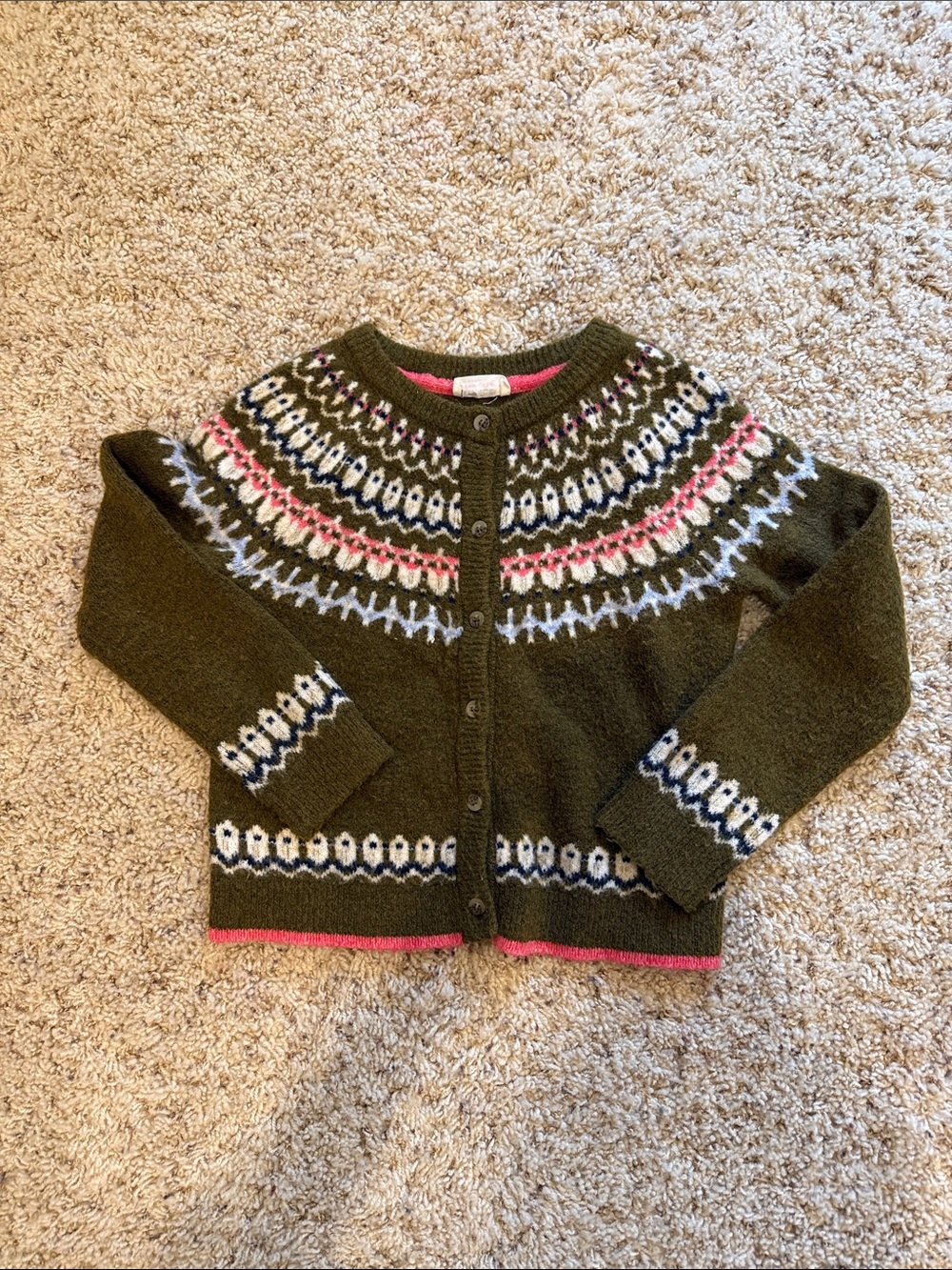 Fatface Children's Olive Fair Isle Cardigan with Pink Accents